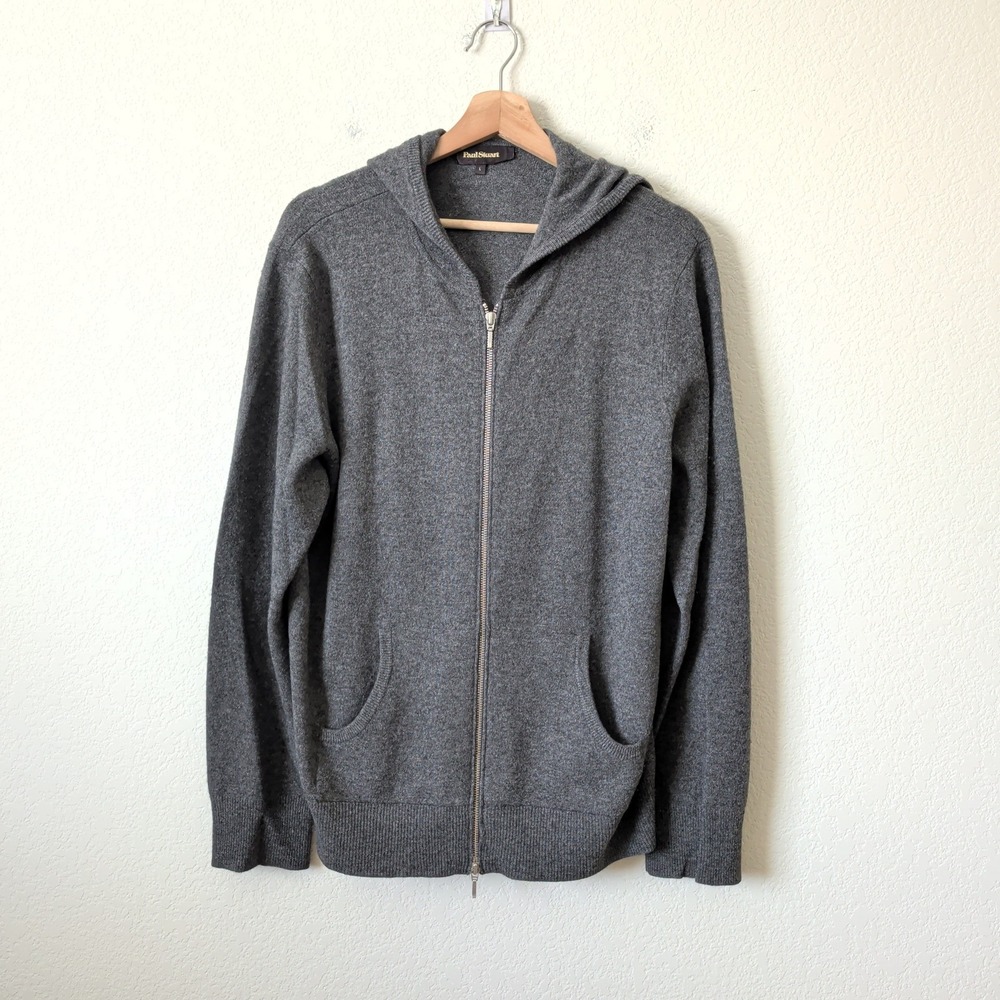Paul Stuart Mens Gray 100% Cashmere Full Zip Hoodie Sweater Large Luxury Preppy